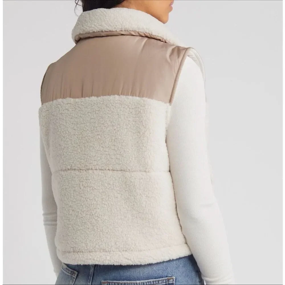 Thread & Supply Fleece Lined Puffer Vest - Cream Brown Combo size XL